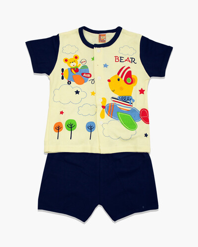 Navy Blue and Cream Color Cartoon Print Cotton T-Shirt For Boys