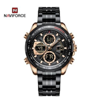 Naviforce NF9197 Black Stainless Steel Dual Time Watch For Men - RoseGold & Black