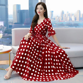 Summer Grace Mid-Calf Long Sleeve Beach Dot Print China Fabric Dress (Maroon)