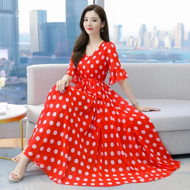 Summer Grace Mid-Calf Long Sleeve Beach Dot Print China Fabric Dress (Red)