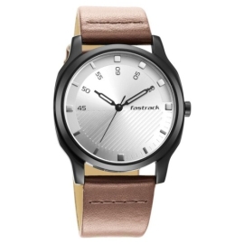 Fastrack Stunners Quartz Analog Silver Dial Leather Strap Watch for Guys