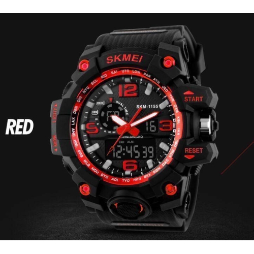 SKMEI 1155B Black PU Dual Time Sport Watch For Men - Red & Black, 5 image