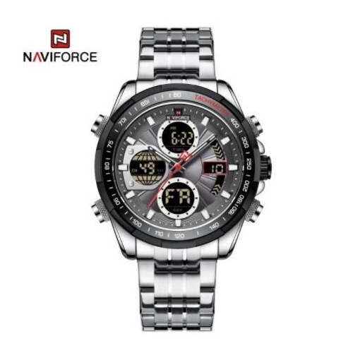 Naviforce NF9197 Silver Stainless Steel Dual Time Watch For Men - Black & Silver