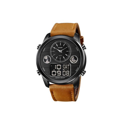 SKMEI 1653 Brown PU Leather Dual Time Watch For Men - Black & Brown