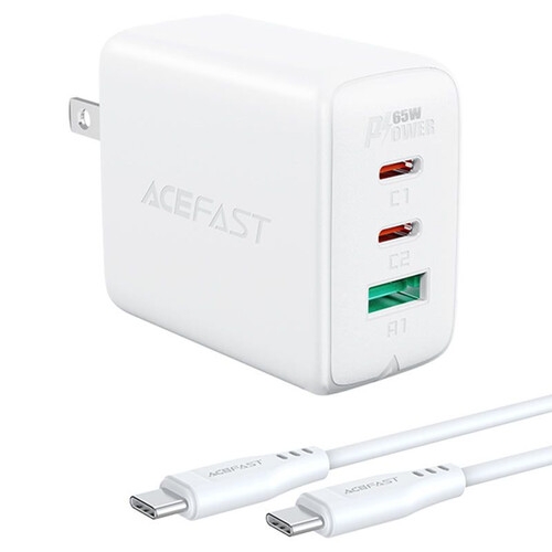 Acefast A15 PD65W (USB-C + USB-C + USB-A) 3-port wall charger set (US).