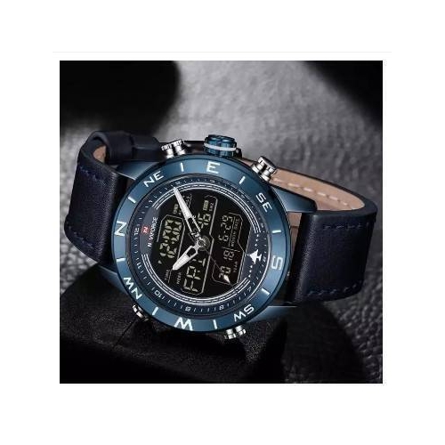 NAVIFORCE NF9144 Navy Blue PU Leather Dual Time Wrist Watch For Men - Royal Blue, 3 image