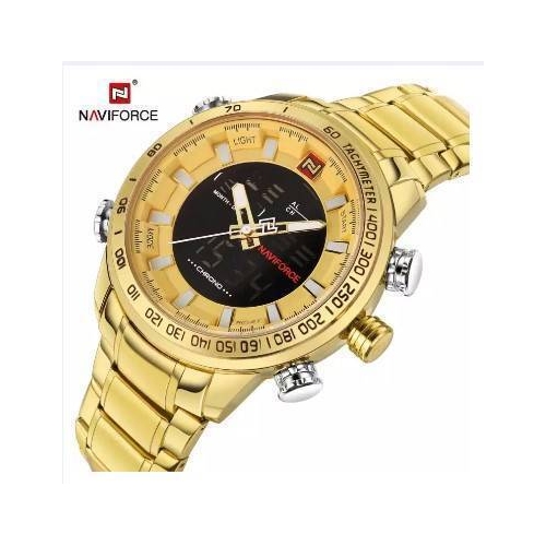 NAVIFORCE NF9093 GOLDEN STAINLESS STEEL DUAL TIME WATCH FOR MEN, 2 image